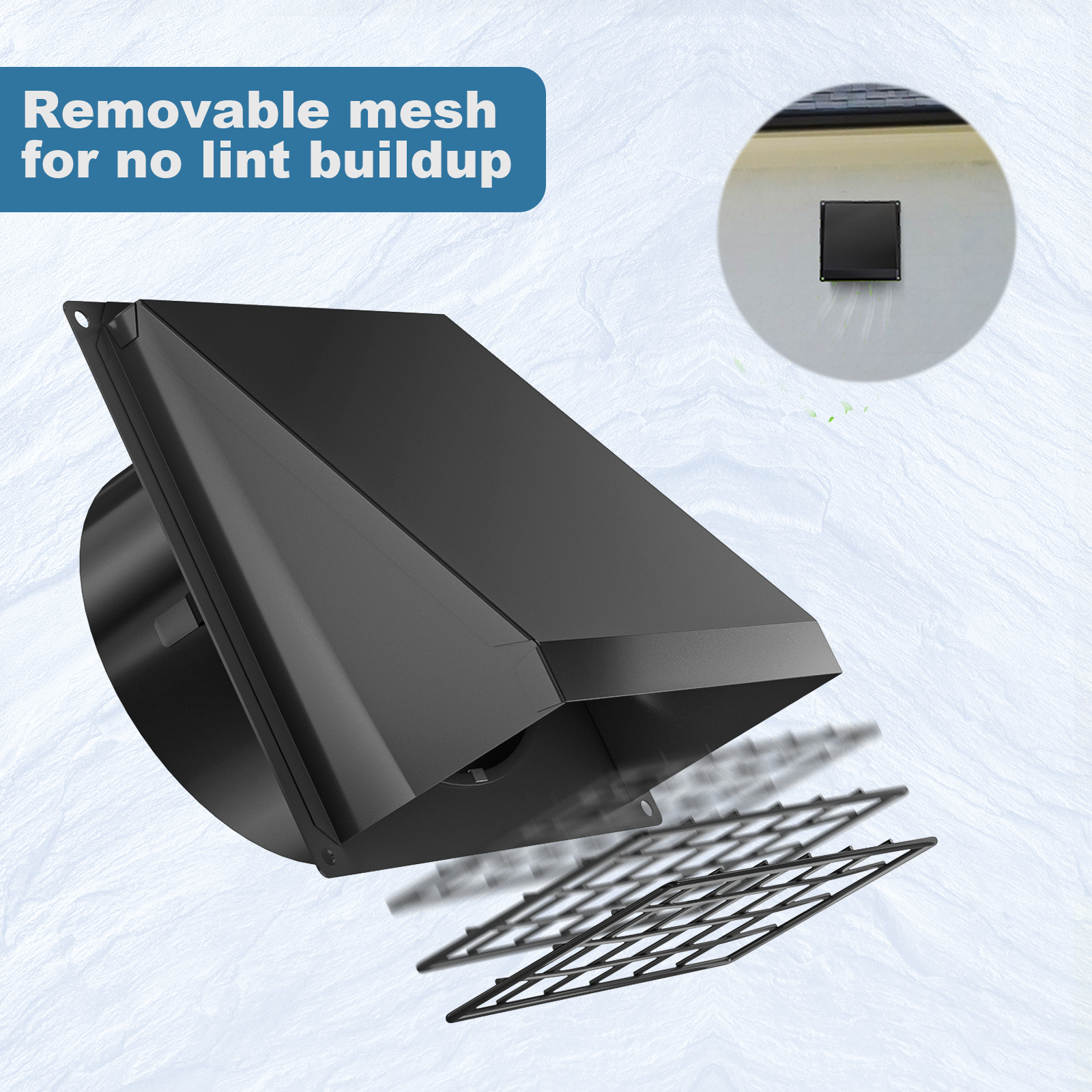 Dryer Vent Cover Outside with Removable Mesh, 6 Inch Wall Mount Extractor Vent with Rubber Cushioned Non-Return Flap, Metal Outside Dryer Vent Cover for House, Black