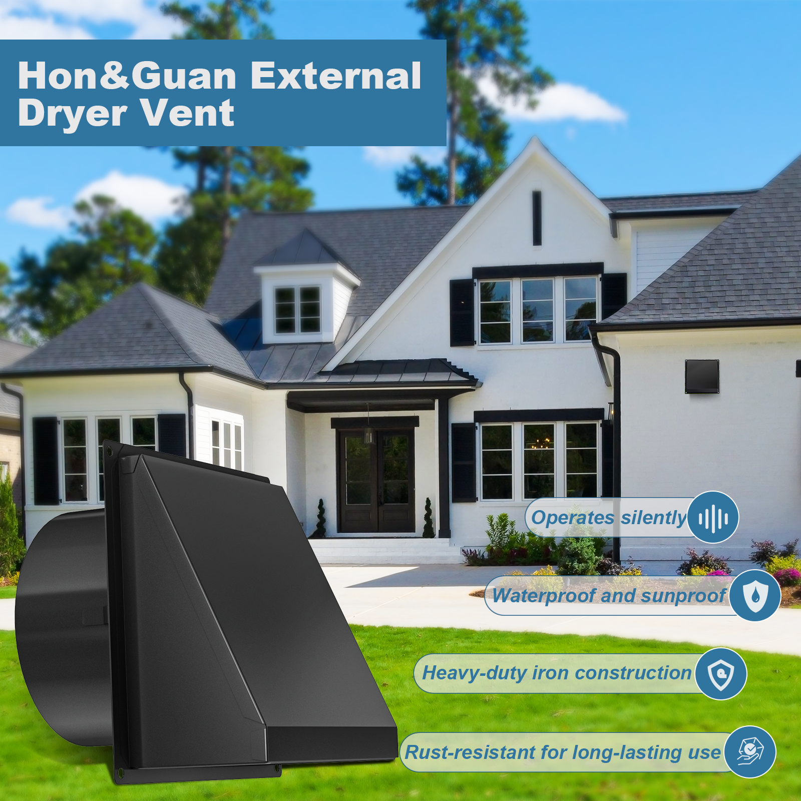 Dryer Vent Cover Outside with Removable Mesh, 6 Inch Wall Mount Extractor Vent with Rubber Cushioned Non-Return Flap, Metal Outside Dryer Vent Cover for House, Black