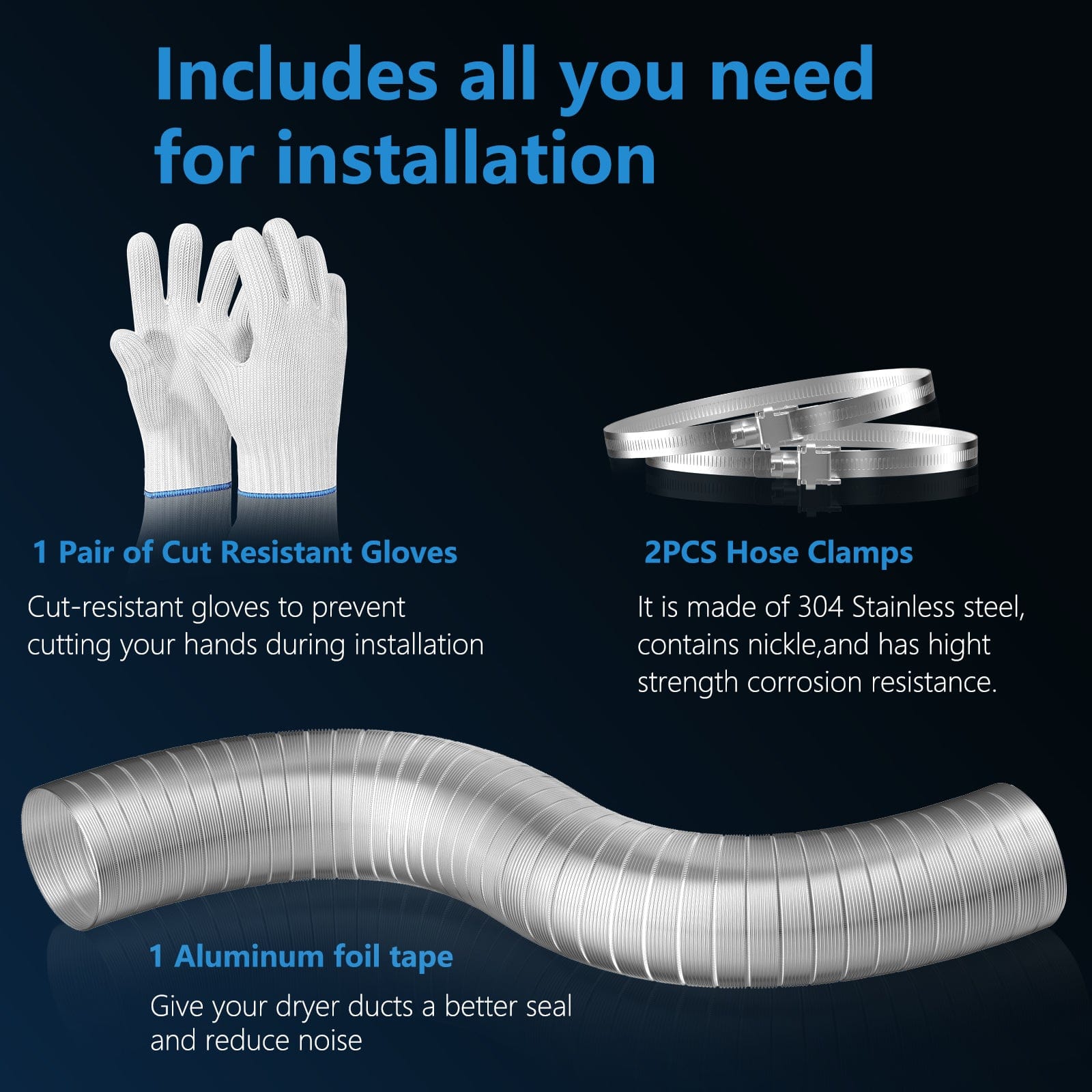 Semi Rigid Aluminum Dryer Vent Hose with 2 Clamps, Gloves&Tape