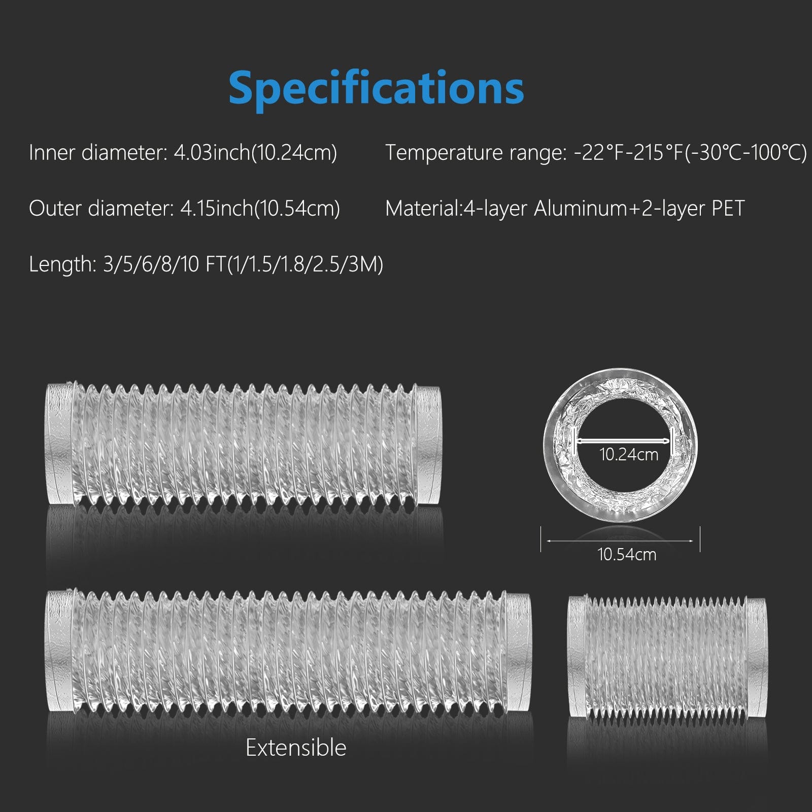 Flexible Aluminum Foil Insulated Exhaust Duct Hose, Thick(6-ply) for Tight Space(2 Clamps and 1 Tape)