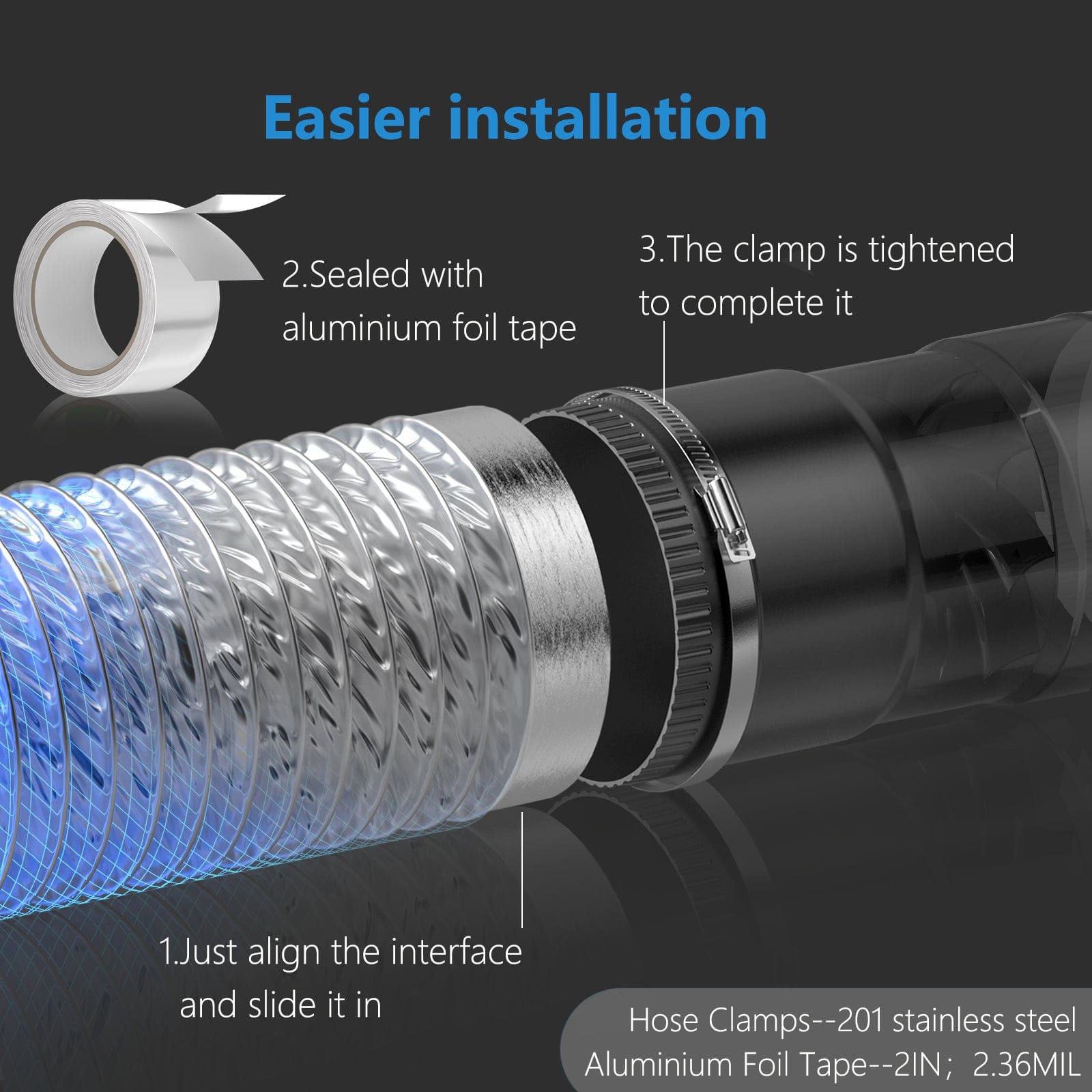 Flexible Aluminum Foil Insulated Exhaust Duct Hose, Thick(6-ply) for Tight Space(2 Clamps and 1 Tape)