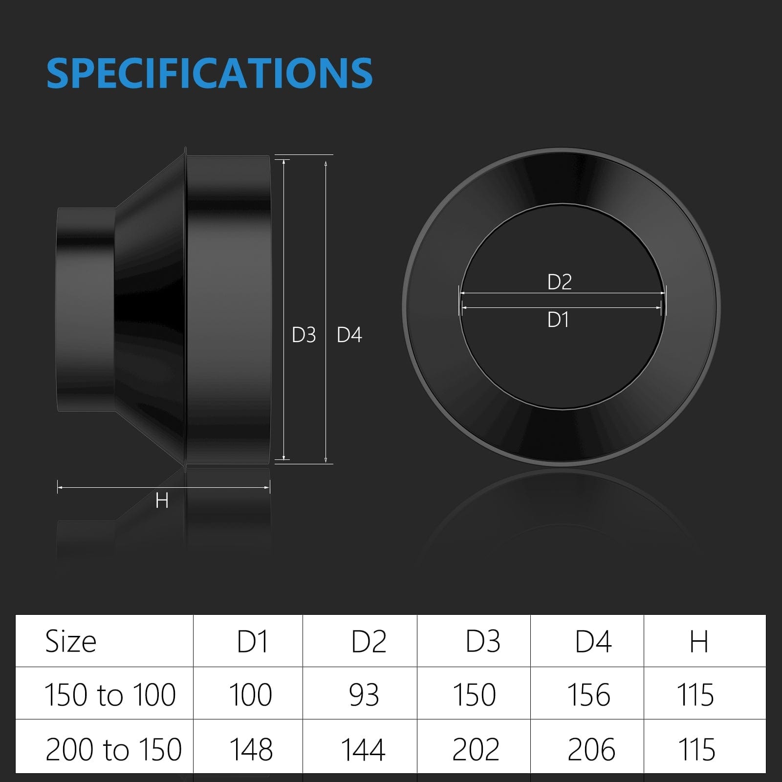 6 to 4 Black Metal Reducer Increaser for 4/6 Inch Ducting