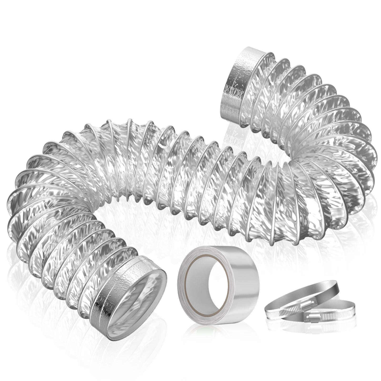 Heavy Duty Flexible Exhaust Duct Hose, Thick(6-ply) Aluminum Foil Insulated for Tight Space with 2 Clamps and 1 Tape