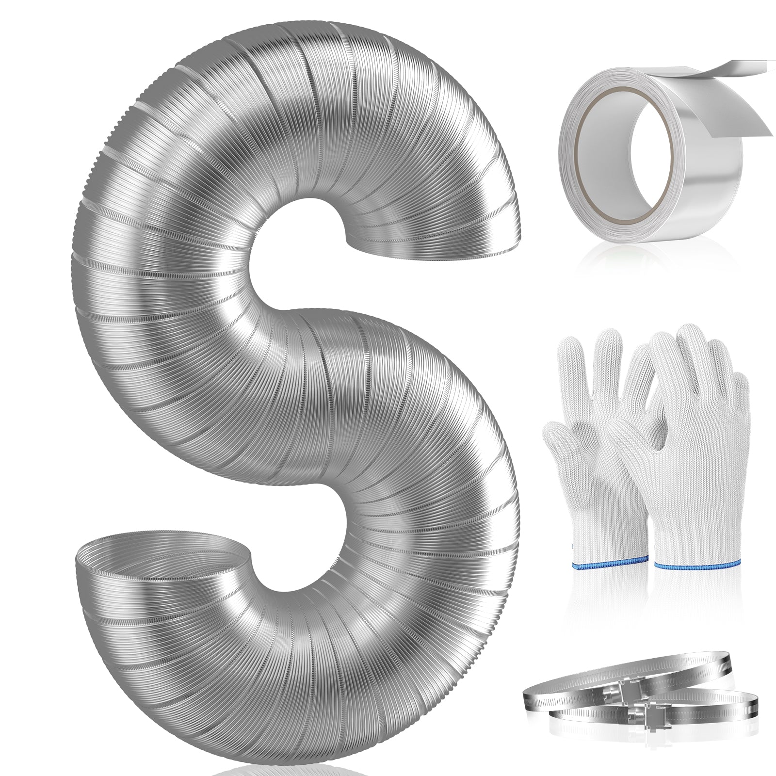Semi Rigid Aluminum Dryer Vent Hose, 5 & 8 Feet Flexible with 2 Clamps, Pair of Gloves, and Aluminum Foil Tape