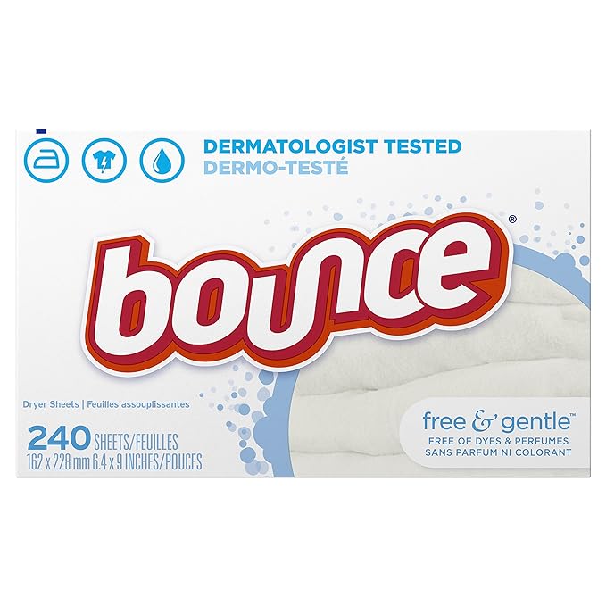 Bounce Free & Gentle Dryer Sheets, 240 Sheets, Unscented Fabric Softener Sheets, Hypoallergenic and Dermatologist Tested