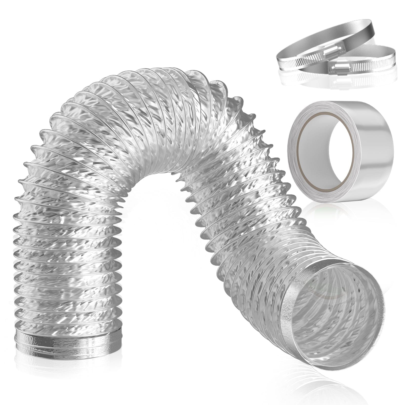 Flexible Aluminum Foil Insulated Exhaust Duct Hose, Thick(6-ply) for Tight Space(2 Clamps and 1 Tape)