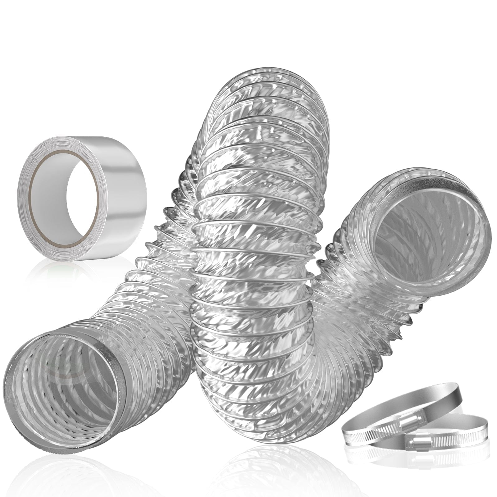 Flexible Aluminum Foil Insulated Exhaust Duct Hose, Thick(6-ply) for Tight Space(2 Clamps and 1 Tape)